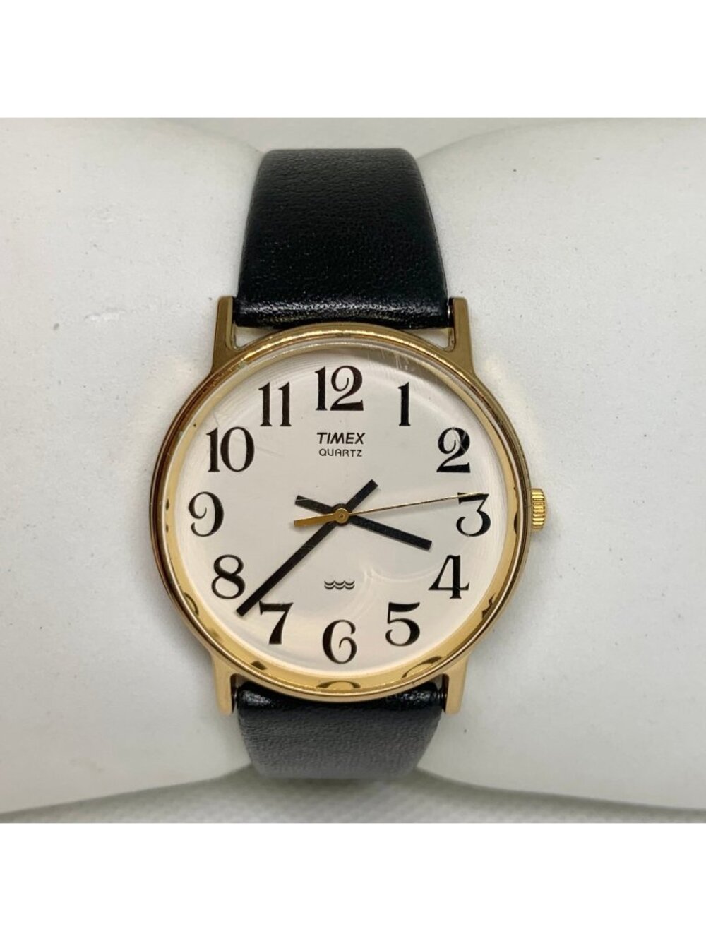 Vintage Timex gold tone watch quartz analog 32mm black leather band running